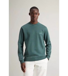 WOOLRICH Felpa girocollo in puro cotone tinta in capo con logo ricamato