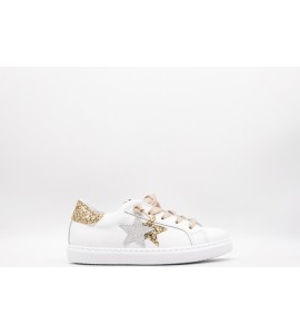 2STAR SNEAKERS LOW IN PELLE BIANCA - DETTAGLI IN GLITTER DORATO